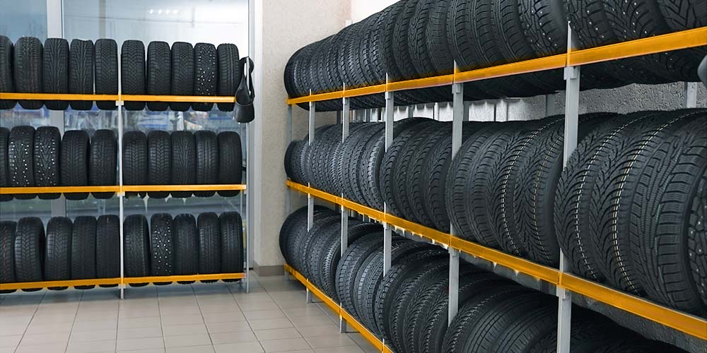Tires stacked on a rack
